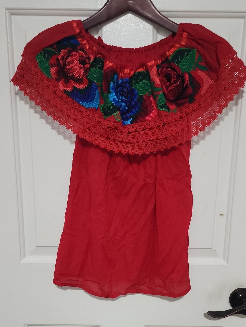 Embroidered Off-Shoulder Red Floral Top